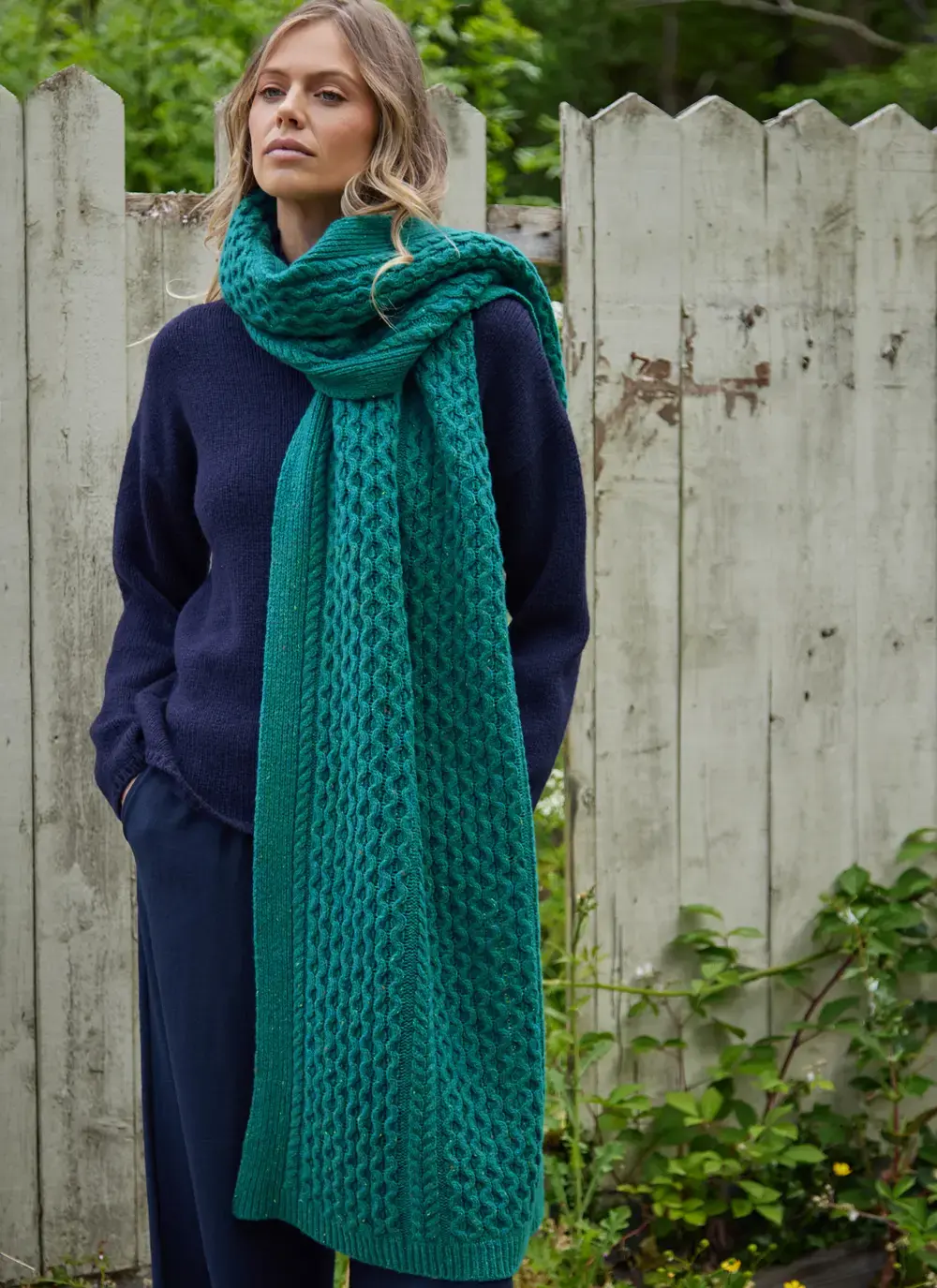 Cashmere and Wool Donegal Aran Blanket Scarf in Jade Honeycomb Stitch